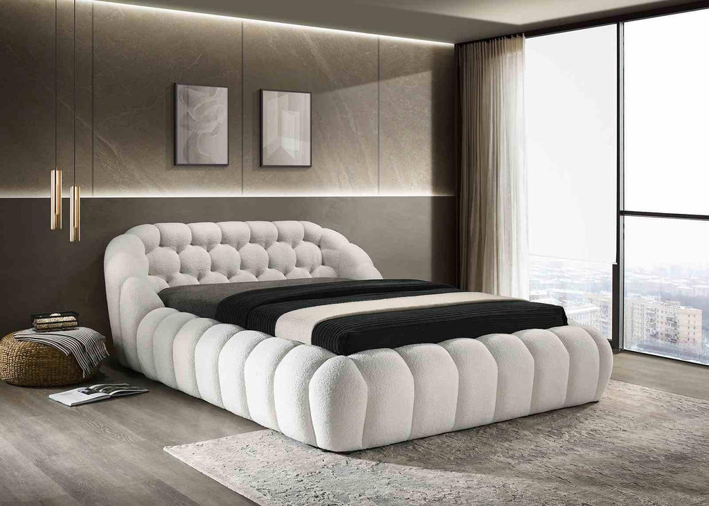 White Chenille King Size Bed with Contemporary Style.