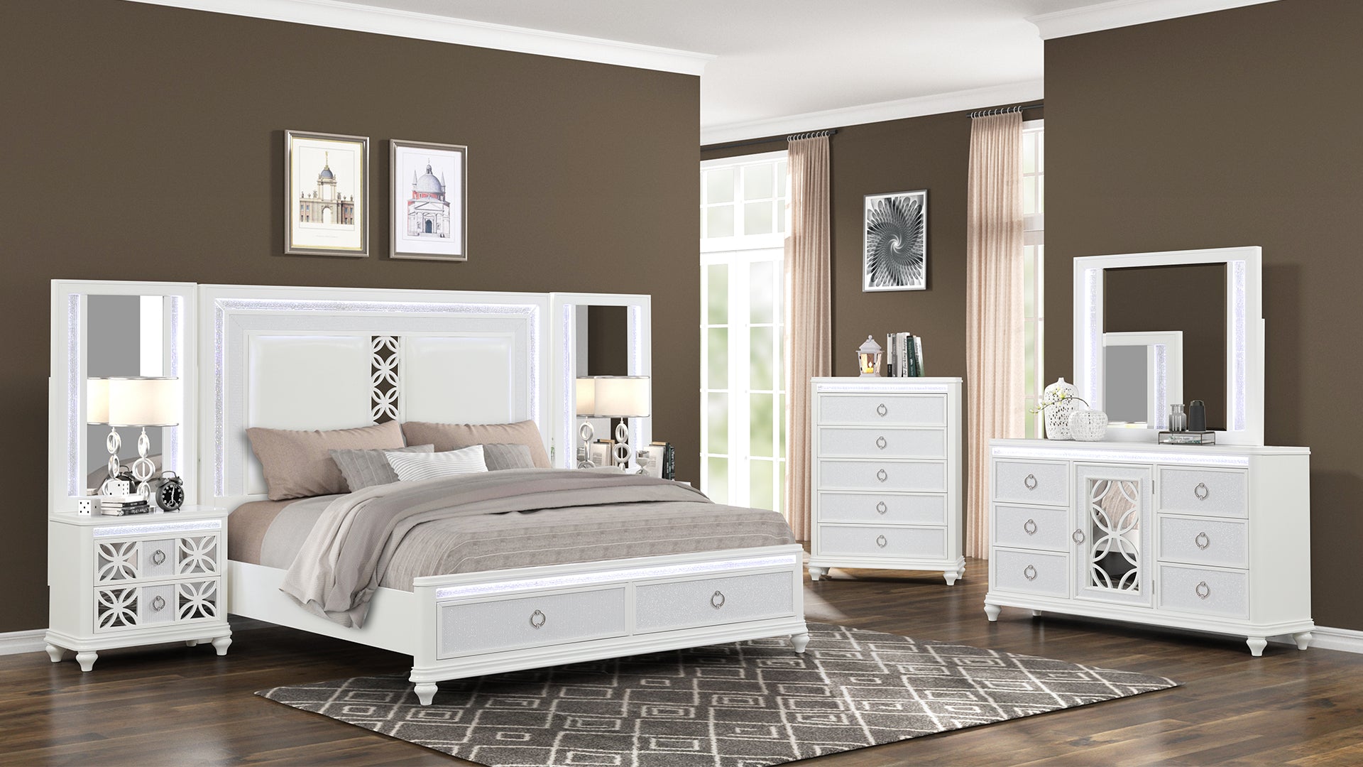Abigale 5-Piece Queen Bedroom Set in White Wood with LED Lighting