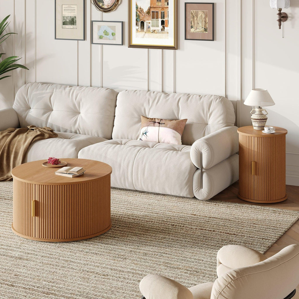 [Assembly Video]Mid-Century Coffee Table Set with Sliding Tambour Door, Round Fluted End Table With Storage, Golden Handle Tall & Low Side Table with Wooden Finish for Living Room, Set of Two ,Natural.