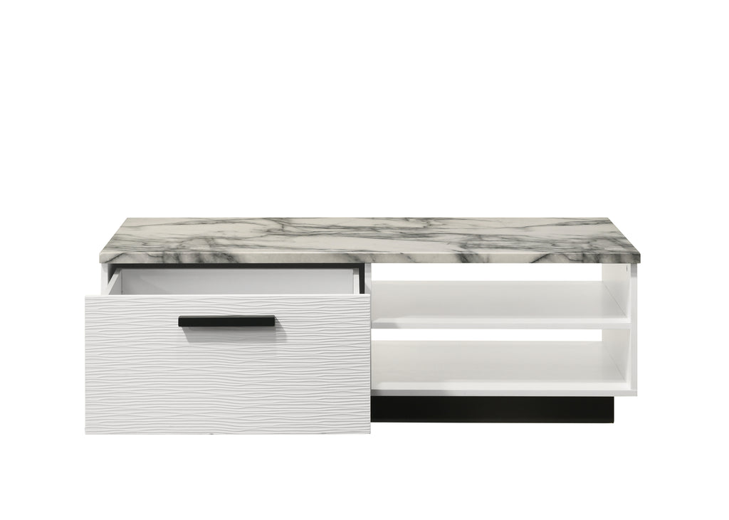 Matilda 47' Coffee Table with white faux marble top and open drawer showing interior storage, ideal for clutter-free living rooms.