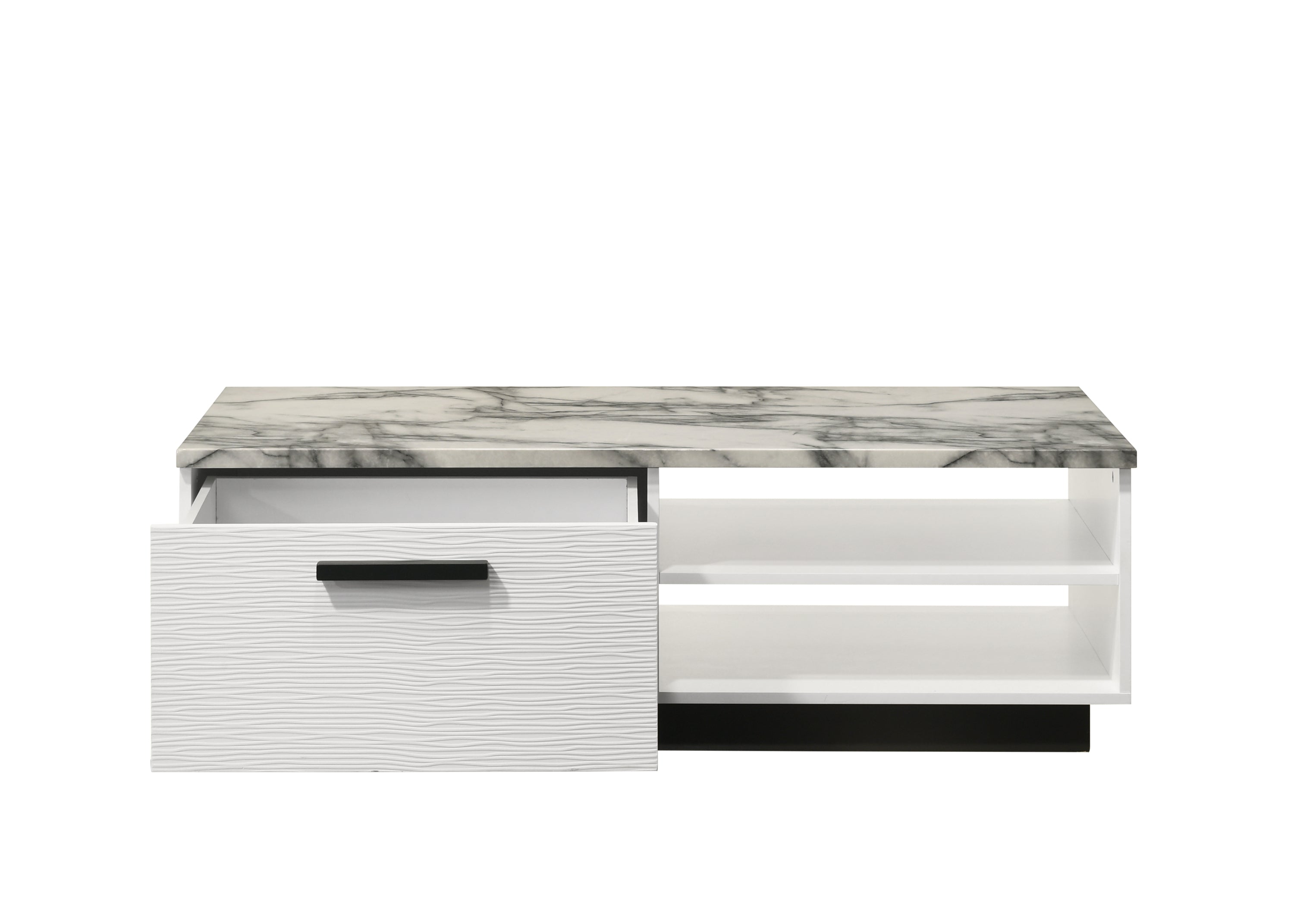 Matilda 47' Coffee Table with white faux marble top and open drawer showing interior storage, ideal for clutter-free living rooms.
