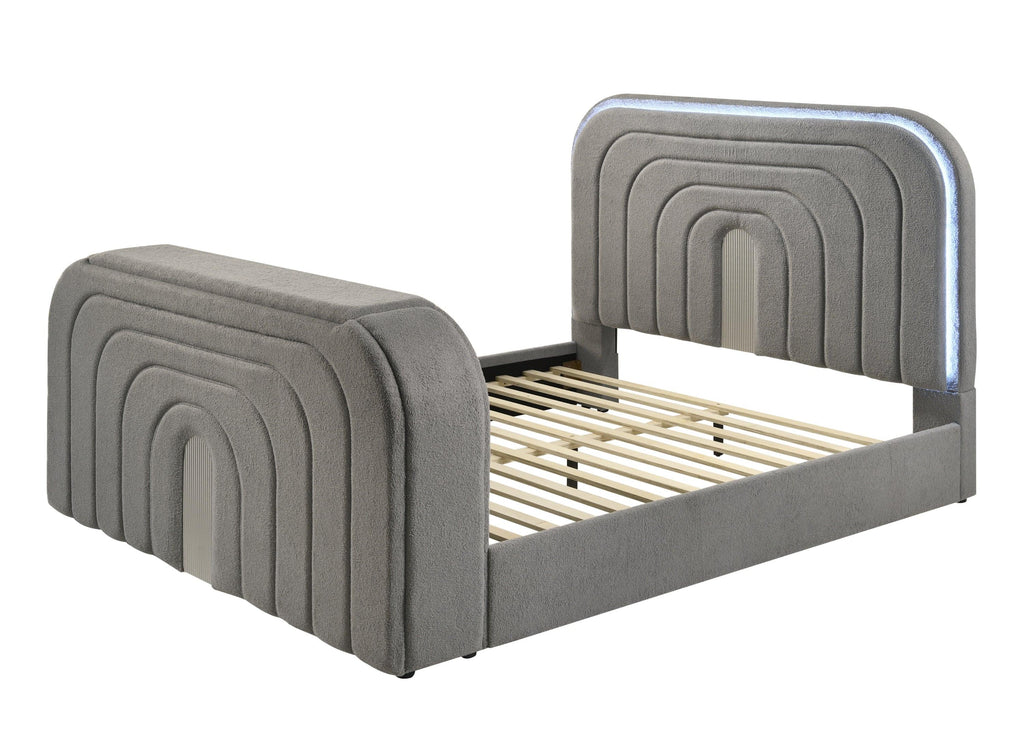 Gray Teddy Sherpa Queen Bed with LED & Bluetooth.