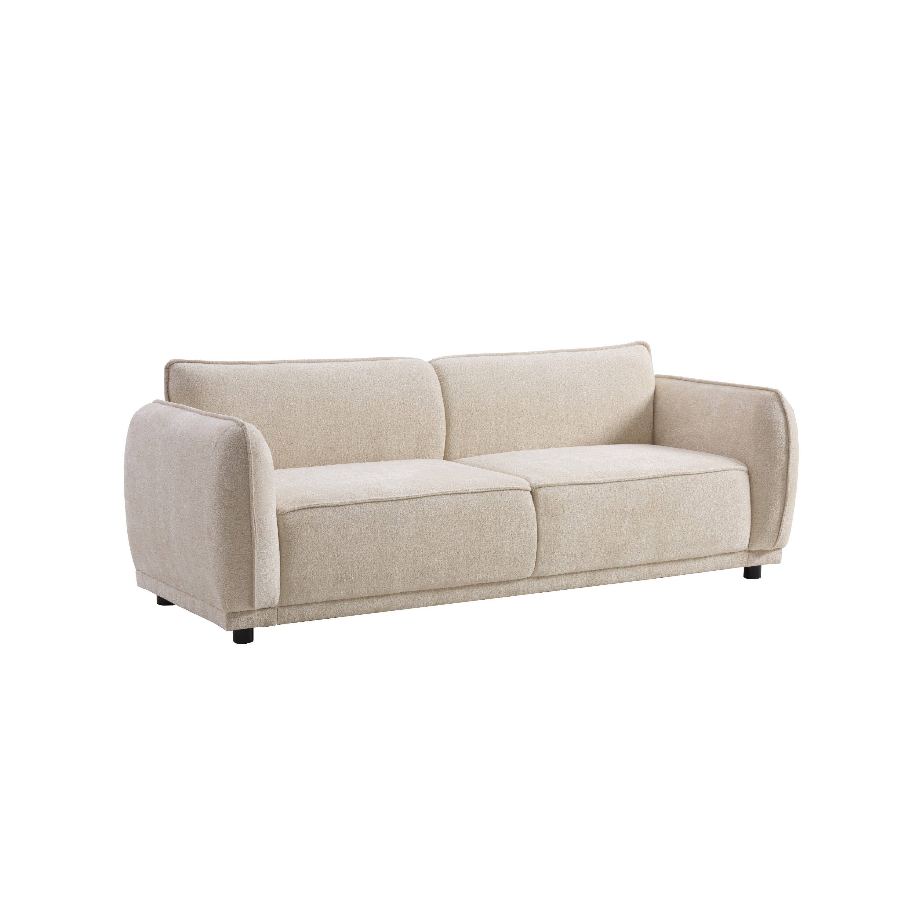 Angled side view of Oslo 84' Round Arm 3 Seater Modern Upholstered Boucle Sofa showcasing its plush fabric and contemporary design.