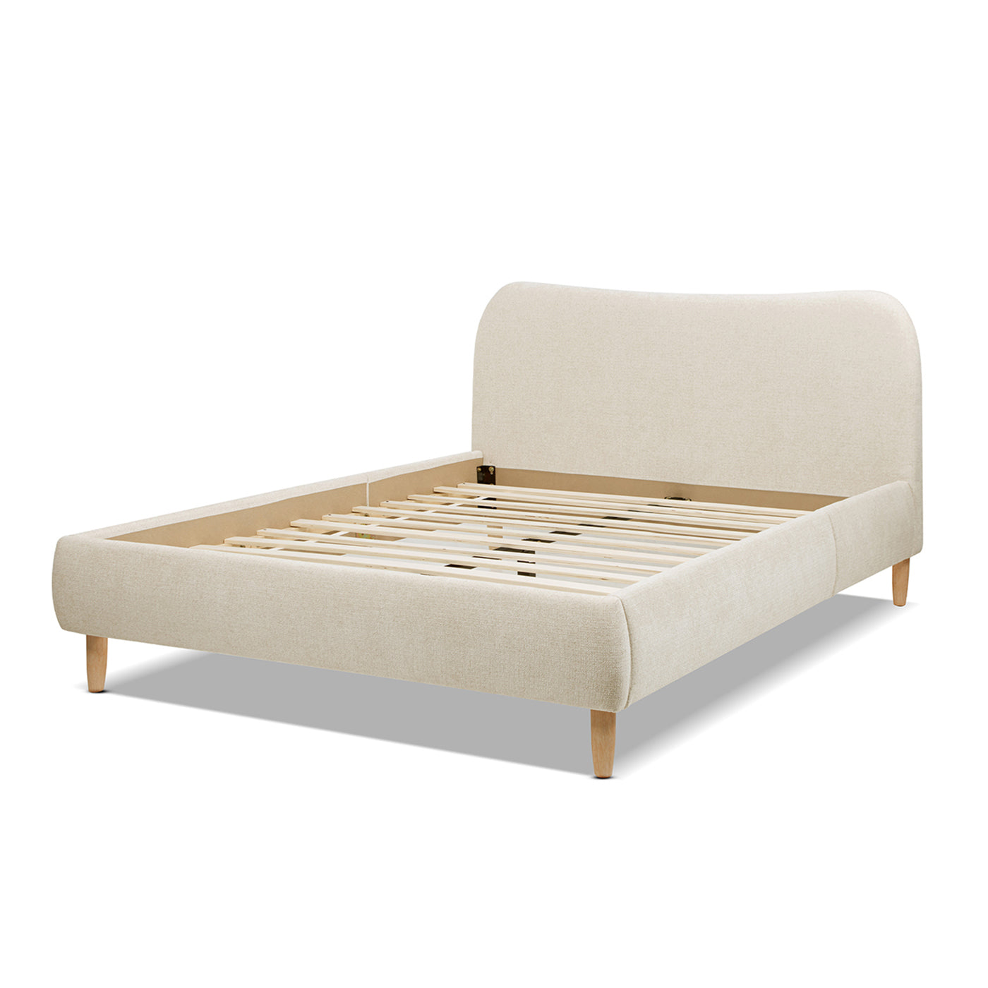Beige Upholstered Platform Bed with Curved Headboard shown with wooden slats, eliminating the need for a box spring and enhancing mattress support.