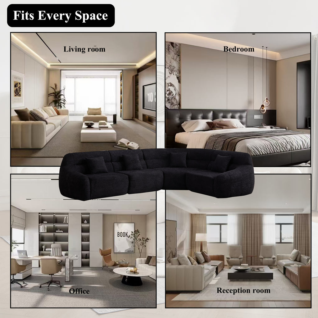 Modern Black Modular Sofa - Luxury Chenille shown in various rooms including living room, bedroom, office, and reception for versatile use.