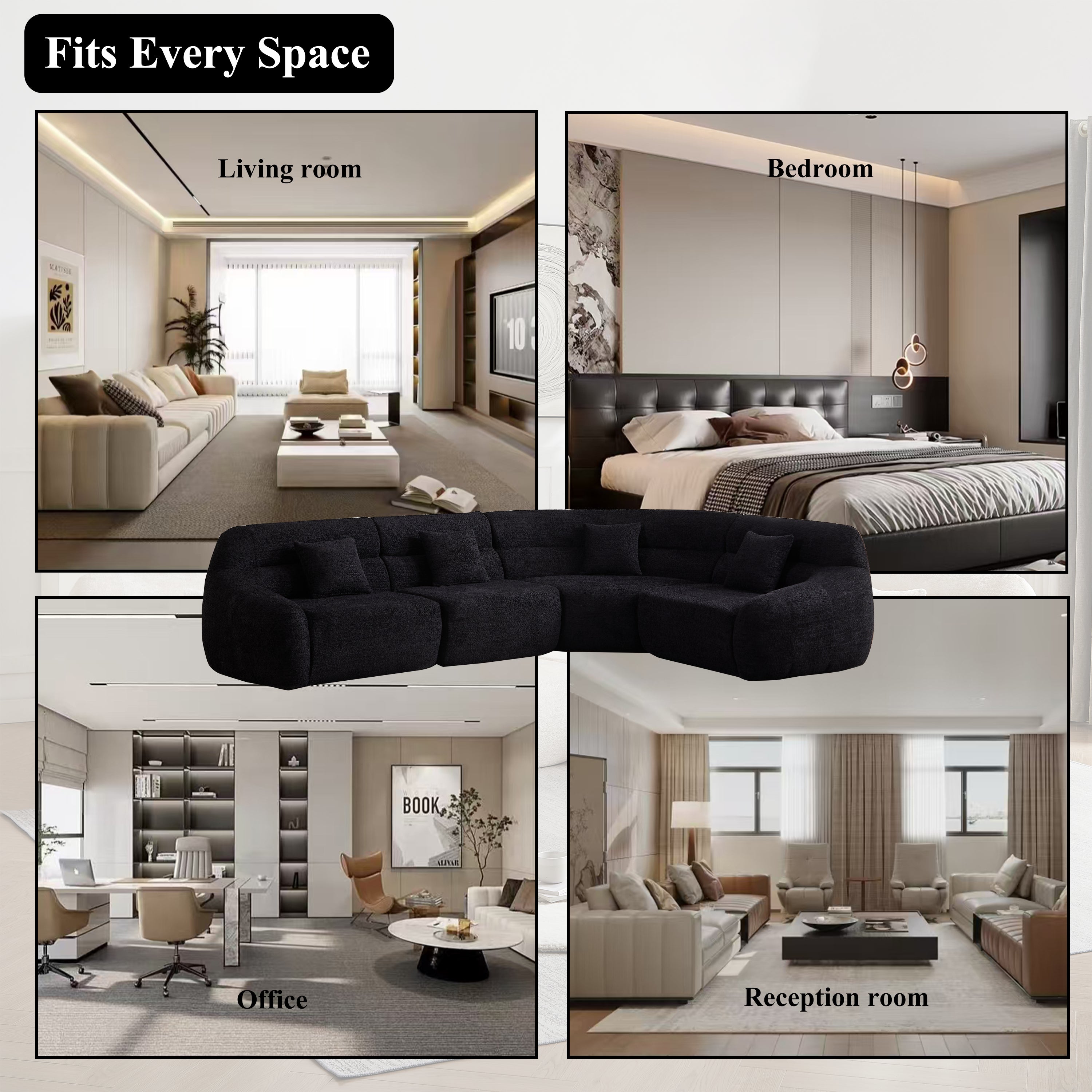 Modern Black Modular Sofa - Luxury Chenille shown in various rooms including living room, bedroom, office, and reception for versatile use.