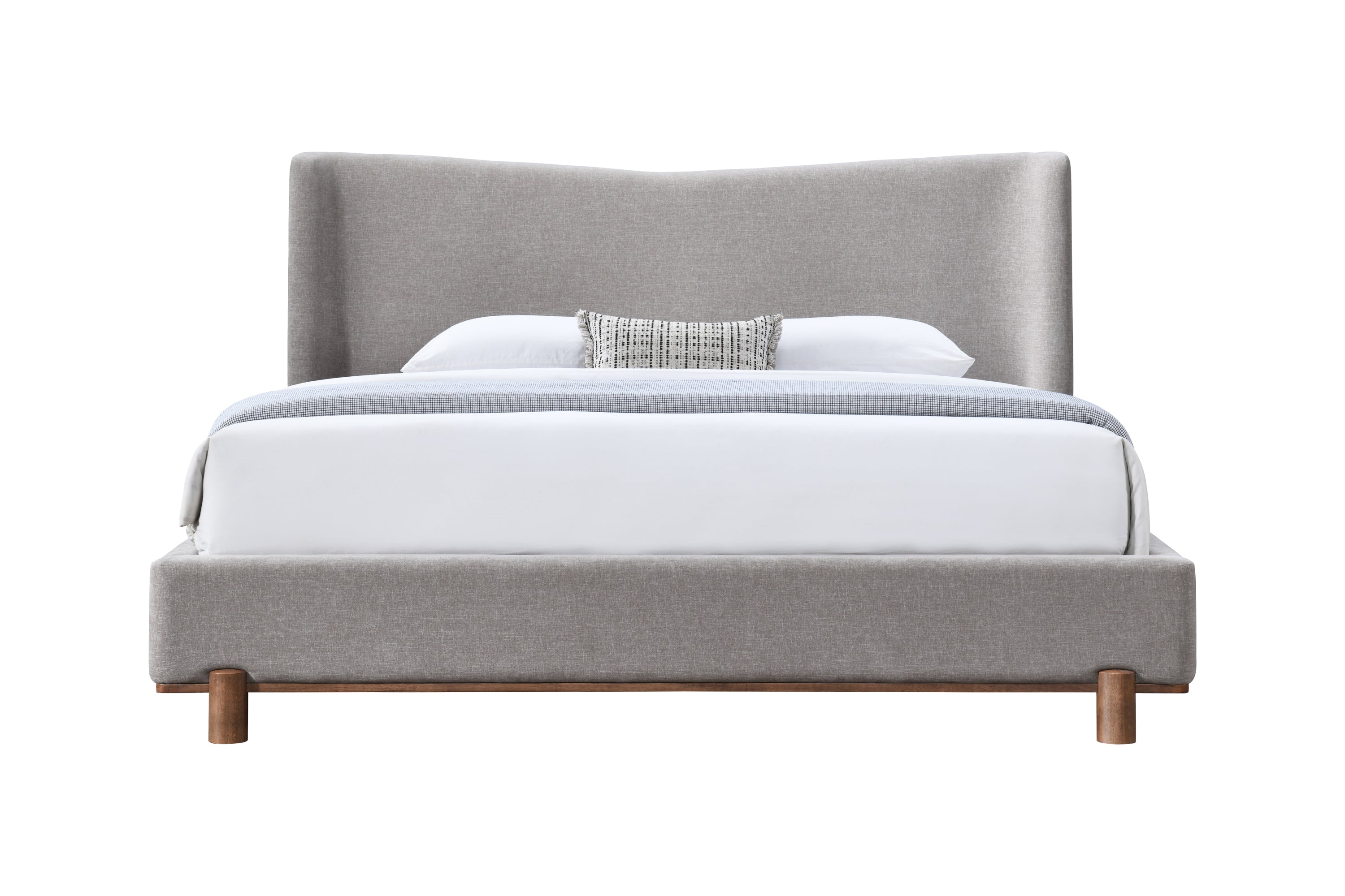 Front view of Melbourne Eastern King Bed in gray chenille with wood legs and supportive slat system. Ideal for contemporary bedrooms.