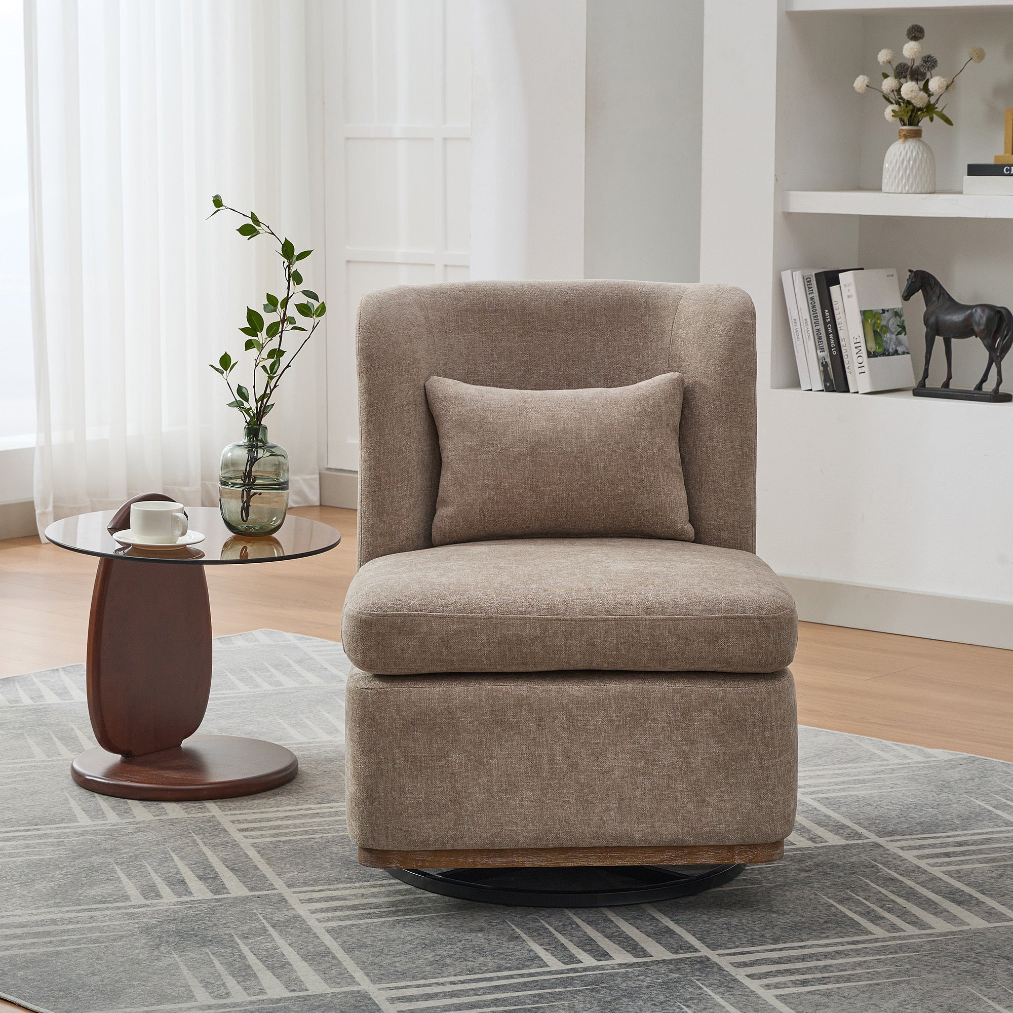 25.2 'Wide Modern Chenille Cushioned Armless Metal Base 360° Swivel Chair with Pillow, Suitable for Living Room, Family Room, Bedroom, Lounge Area, Office. Taupe