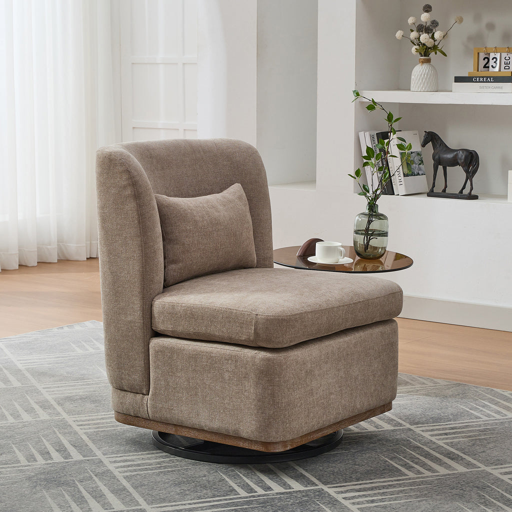 25.2 'Wide Modern Chenille Cushioned Armless Metal Base 360° Swivel Chair with Pillow, Suitable for Living Room, Family Room, Bedroom, Lounge Area, Office. Taupe