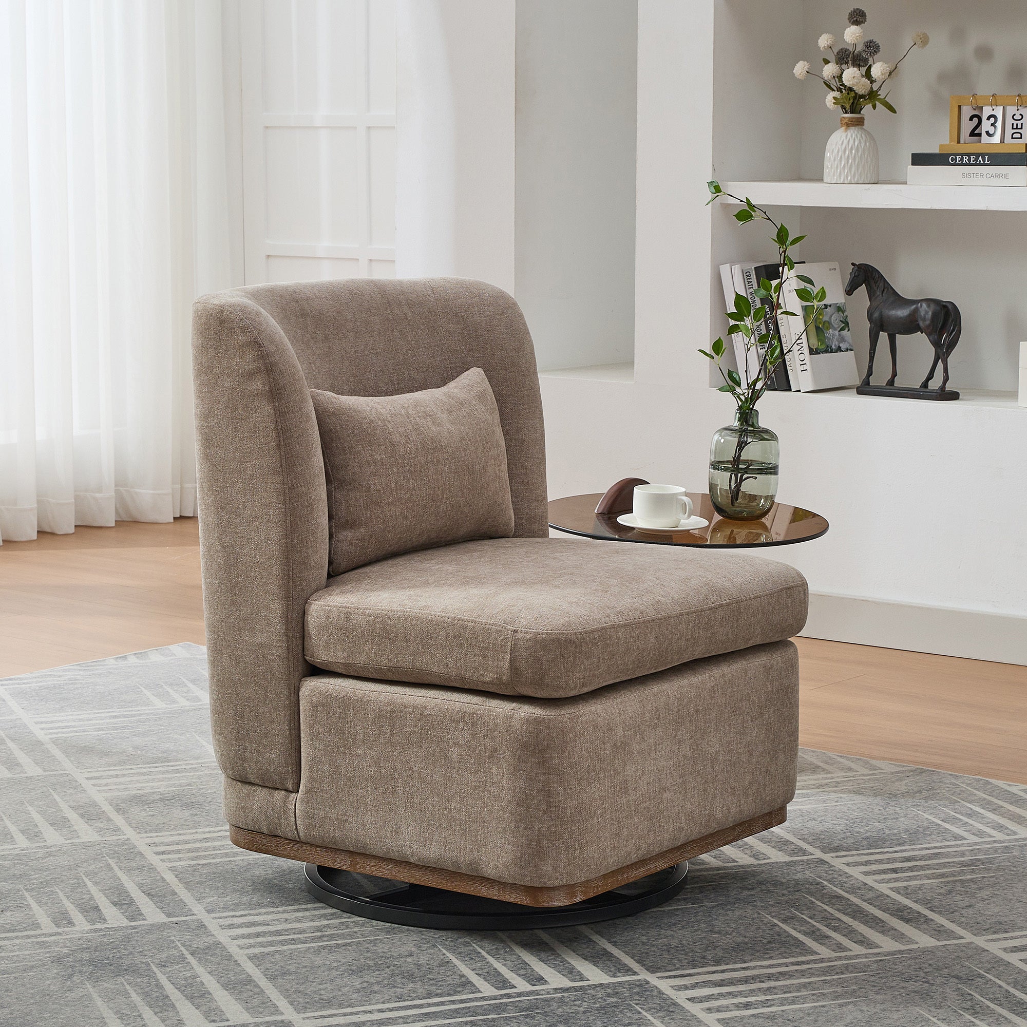 25.2 'Wide Modern Chenille Cushioned Armless Metal Base 360° Swivel Chair with Pillow, Suitable for Living Room, Family Room, Bedroom, Lounge Area, Office. Taupe