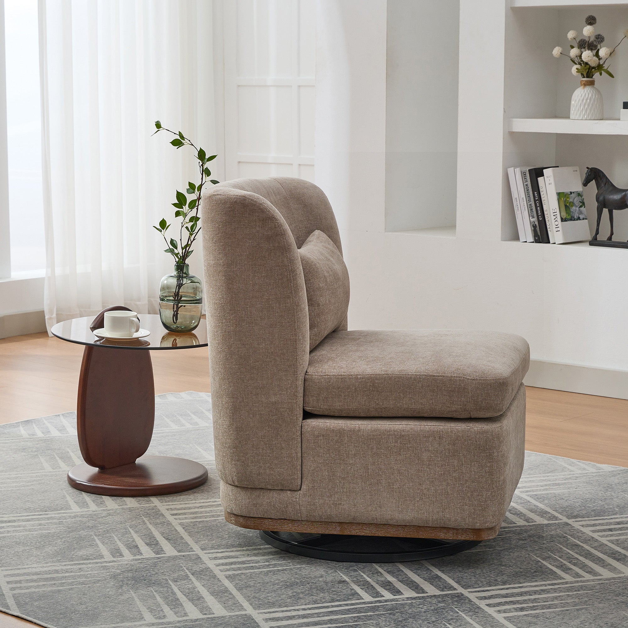 25.2 'Wide Modern Chenille Cushioned Armless Metal Base 360° Swivel Chair with Pillow, Suitable for Living Room, Family Room, Bedroom, Lounge Area, Office. Taupe