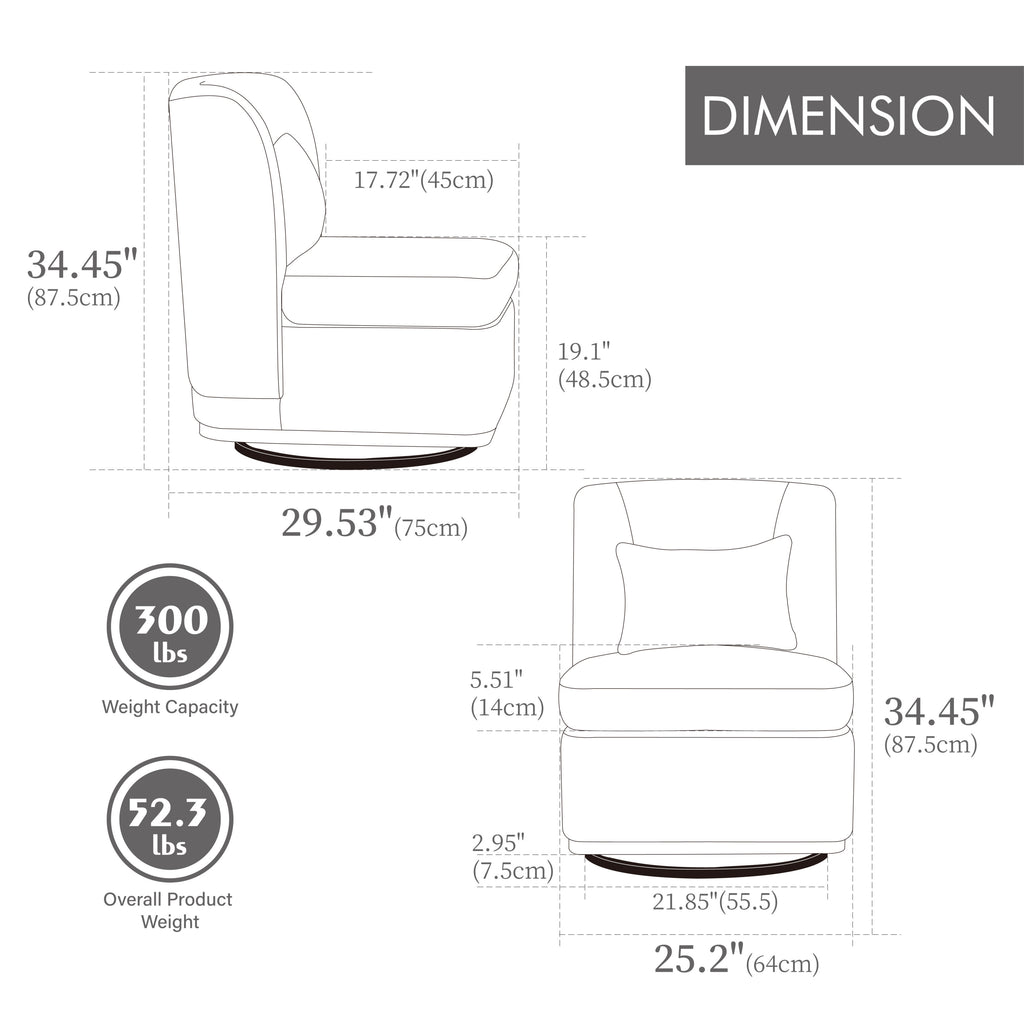 25.2 'Wide Modern Chenille Cushioned Armless Metal Base 360° Swivel Chair with Pillow, Suitable for Living Room, Family Room, Bedroom, Lounge Area, Office. Taupe