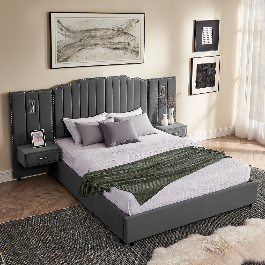 Contemporary upholstered queen bed with velvet headboard, built-in lights, and dual nightstands, ideal for elegant bedroom interiors.