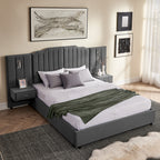 Contemporary upholstered queen bed with velvet headboard, built-in lights, and dual nightstands, ideal for elegant bedroom interiors.