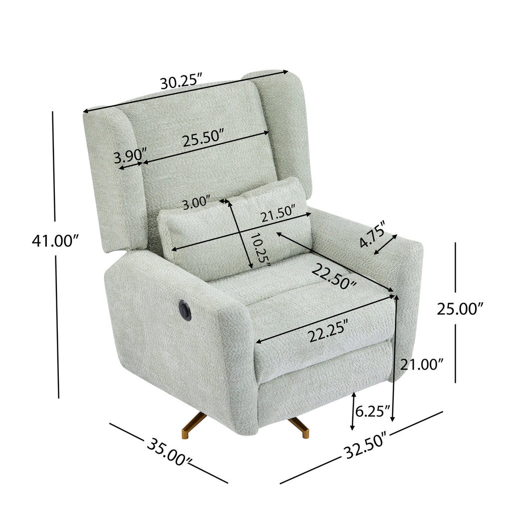 360 swivel recliner chair with gold base, shown with detailed measurements for seat, backrest, and armrest dimensions.