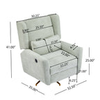 360 swivel recliner chair with gold base, shown with detailed measurements for seat, backrest, and armrest dimensions.