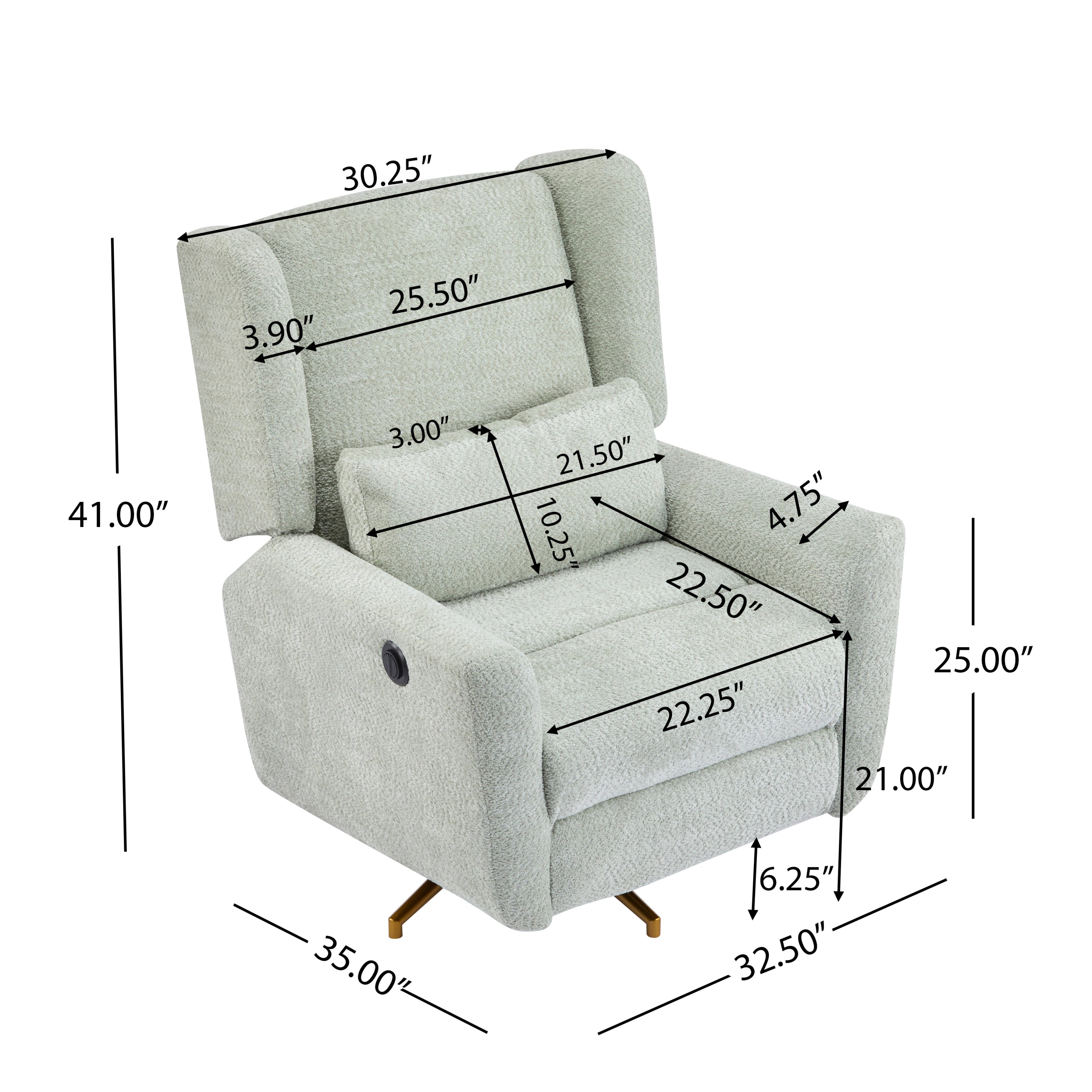 360 swivel recliner chair with gold base, shown with detailed measurements for seat, backrest, and armrest dimensions.