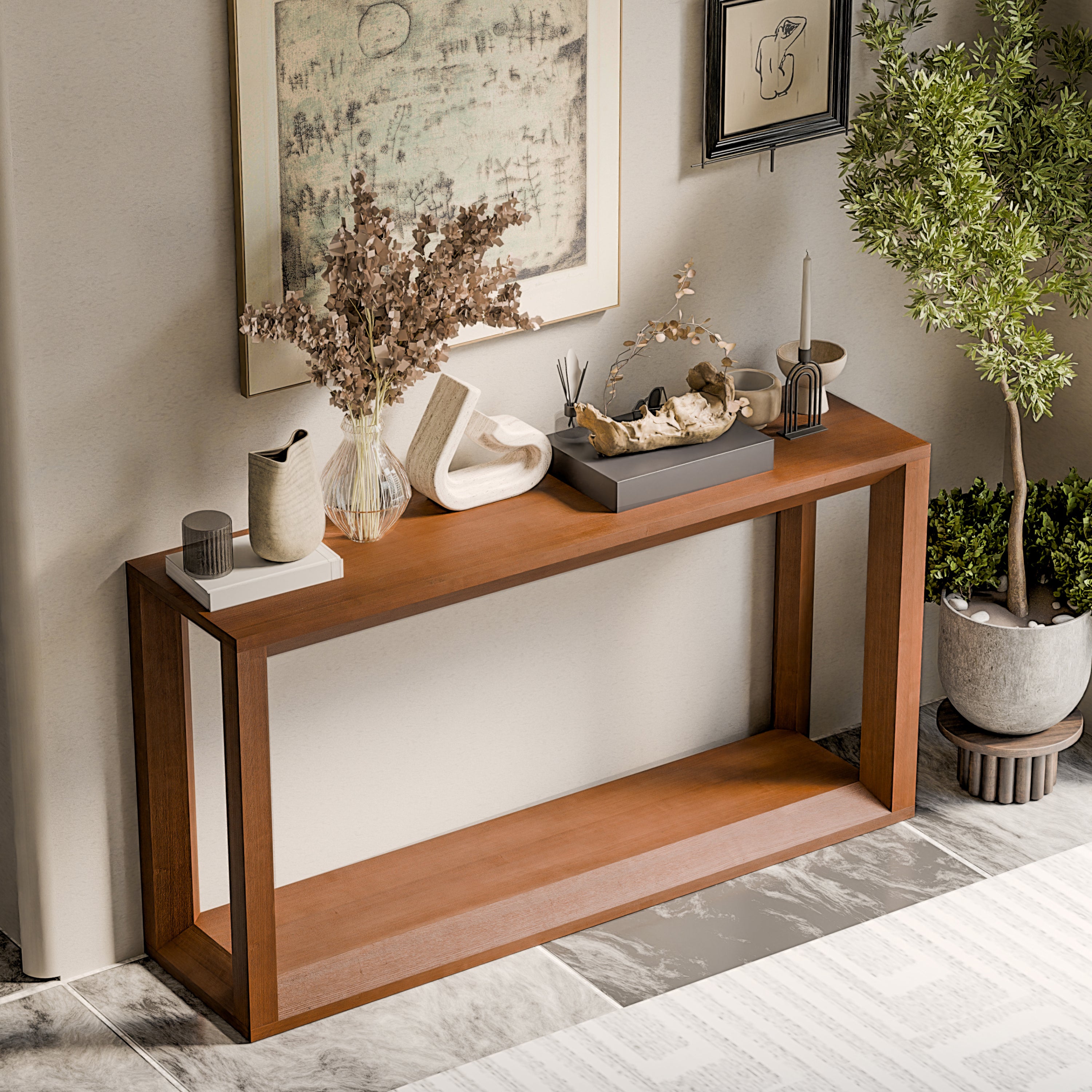 Dark brown rectangular console table with a minimalist wood veneer design and an open storage shelf.