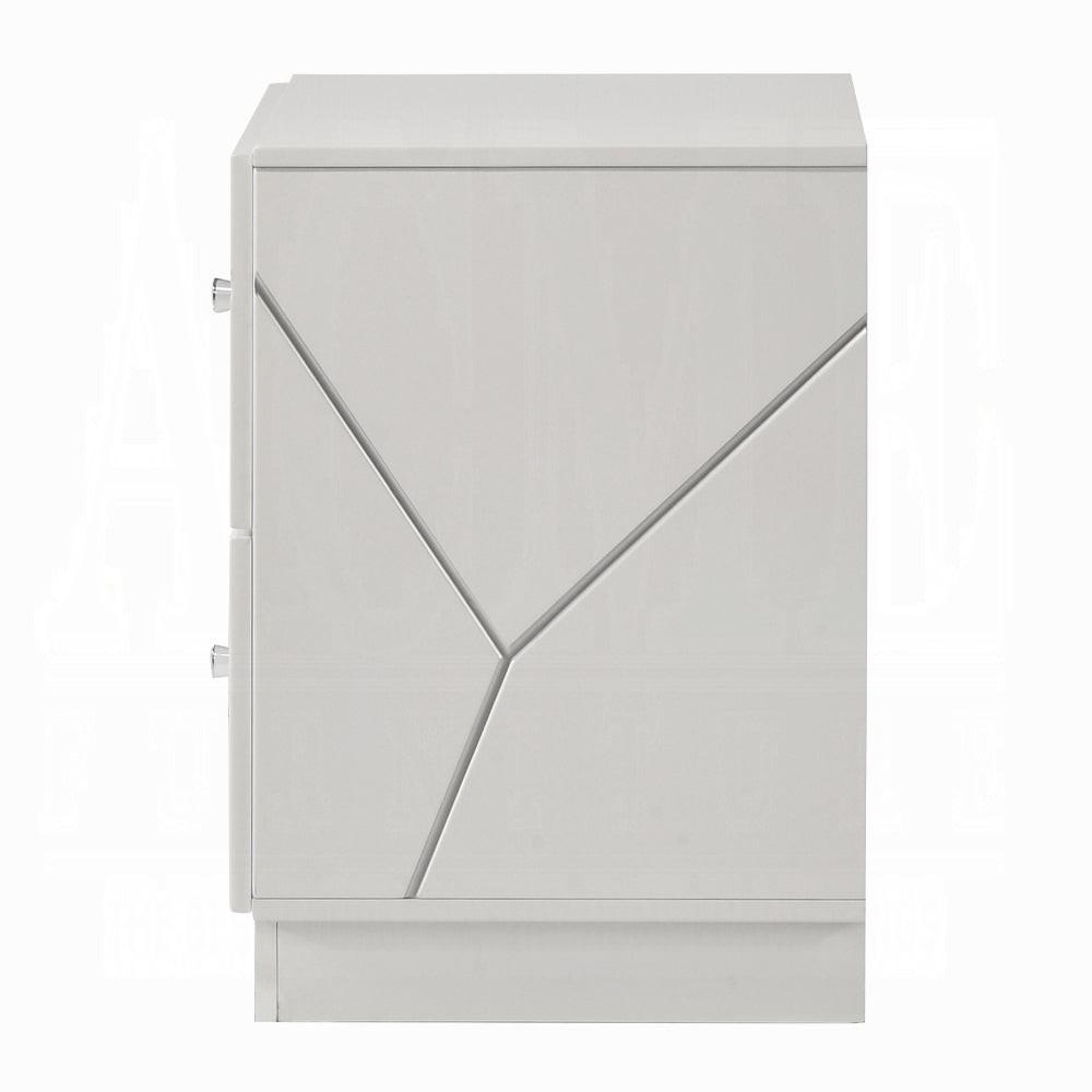 Modern White Nightstand with 2 Drawers and Embossed Design.
