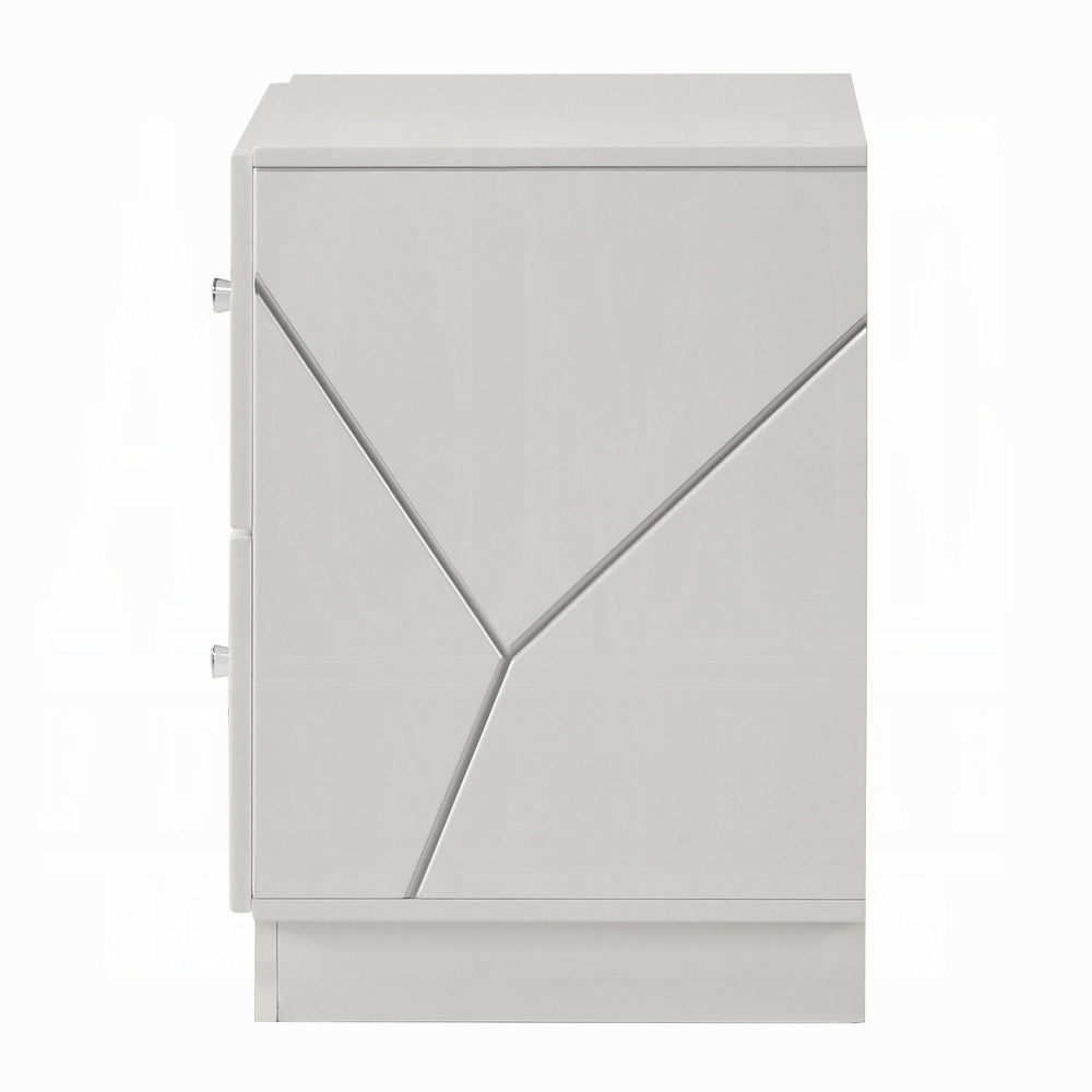 Side view of Modern White Nightstand highlighting the embossed geometric design on the panel for a modern aesthetic.