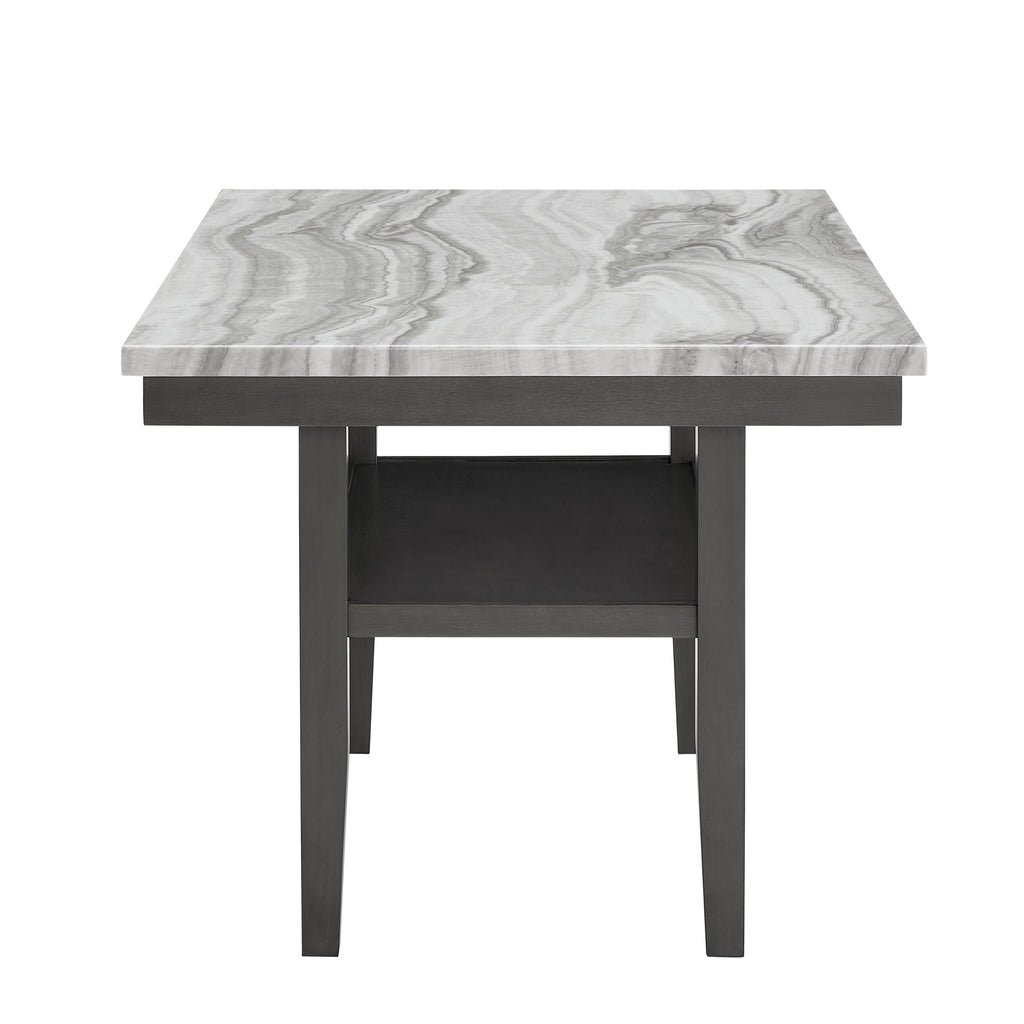 Front view of Selena Dining Table featuring gray faux marble top and sturdy black legs with storage shelf underneath.