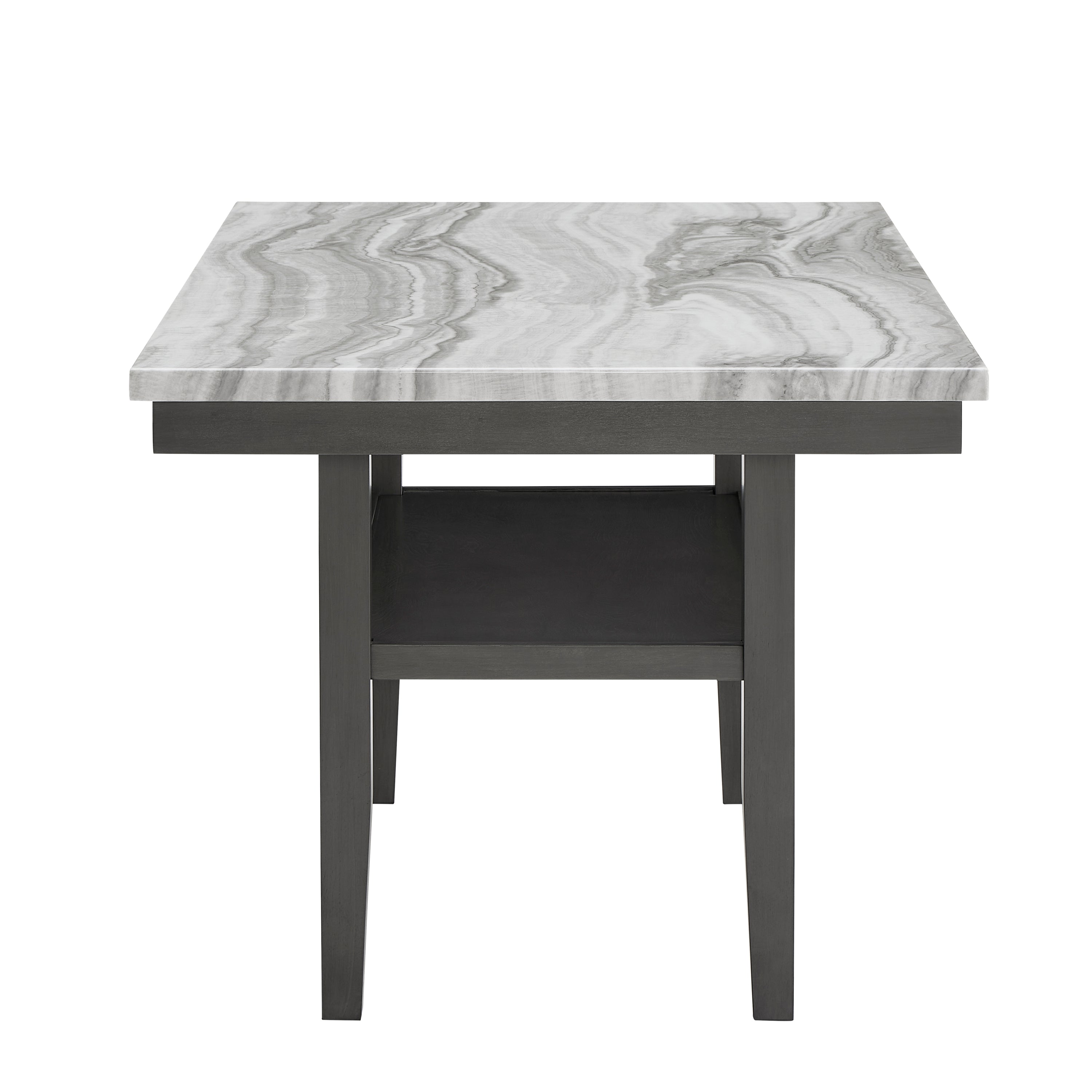 Front view of Selena Dining Table featuring gray faux marble top and sturdy black legs with storage shelf underneath.