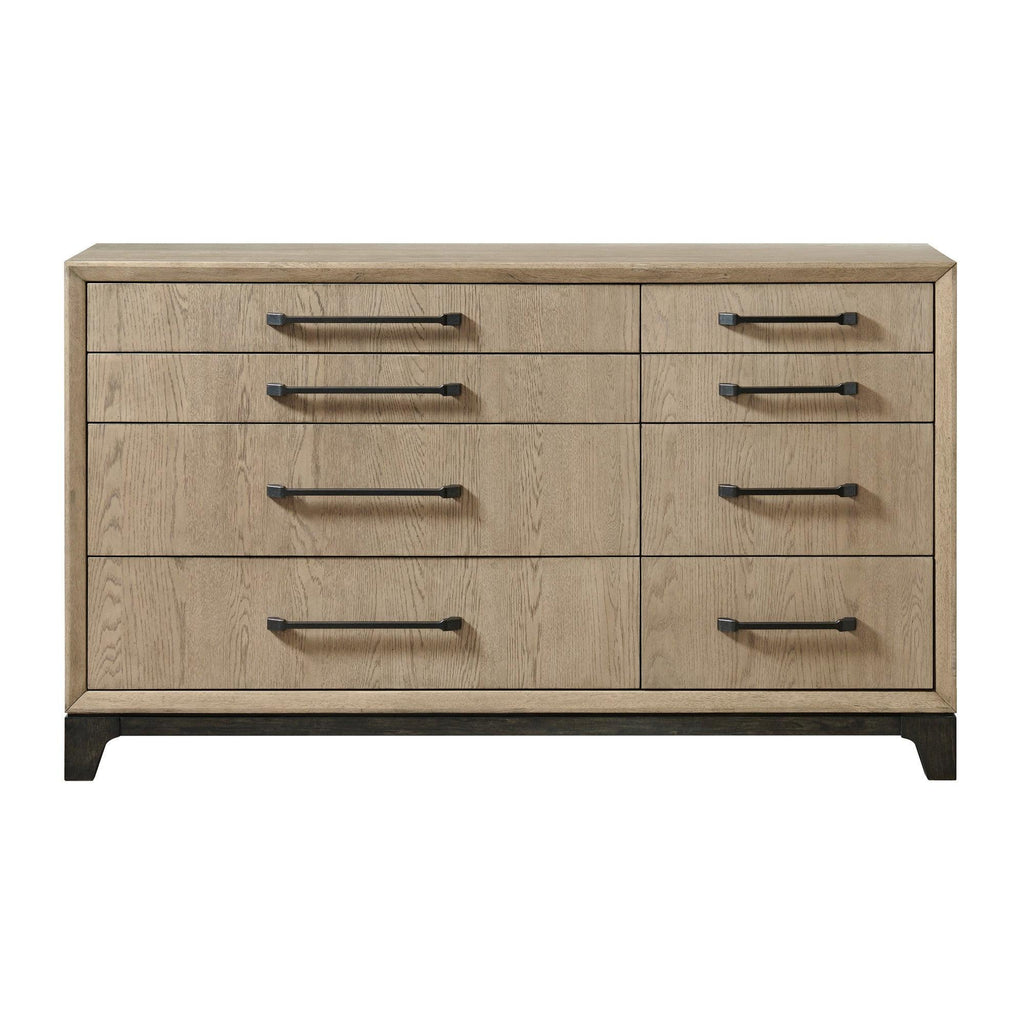Caramel and Cocoa 8-Drawer Dresser with Black Feet and Metal Pulls in Brown Wood, 64-Inch Width.