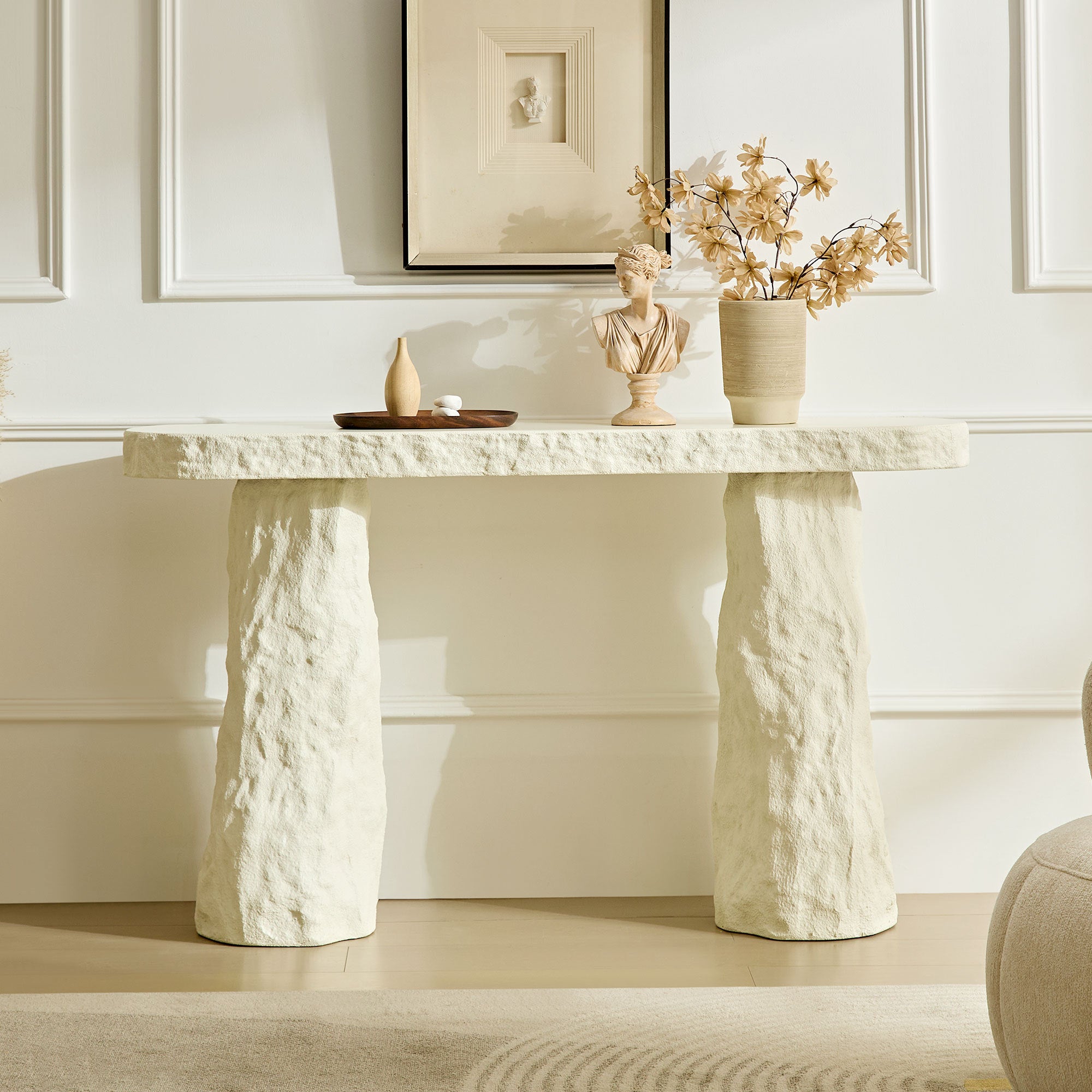 54-Inch Modern Beige Fiberglass Console Table with Irregular Legs