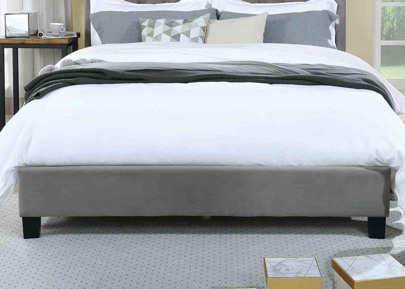 Gray Queen Size Bed Frame with Upholstered Design.