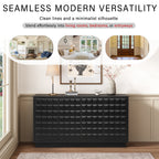 4-Door Storage Cabinet styled in various rooms, emphasizing its seamless modern versatility for living rooms and entryways.