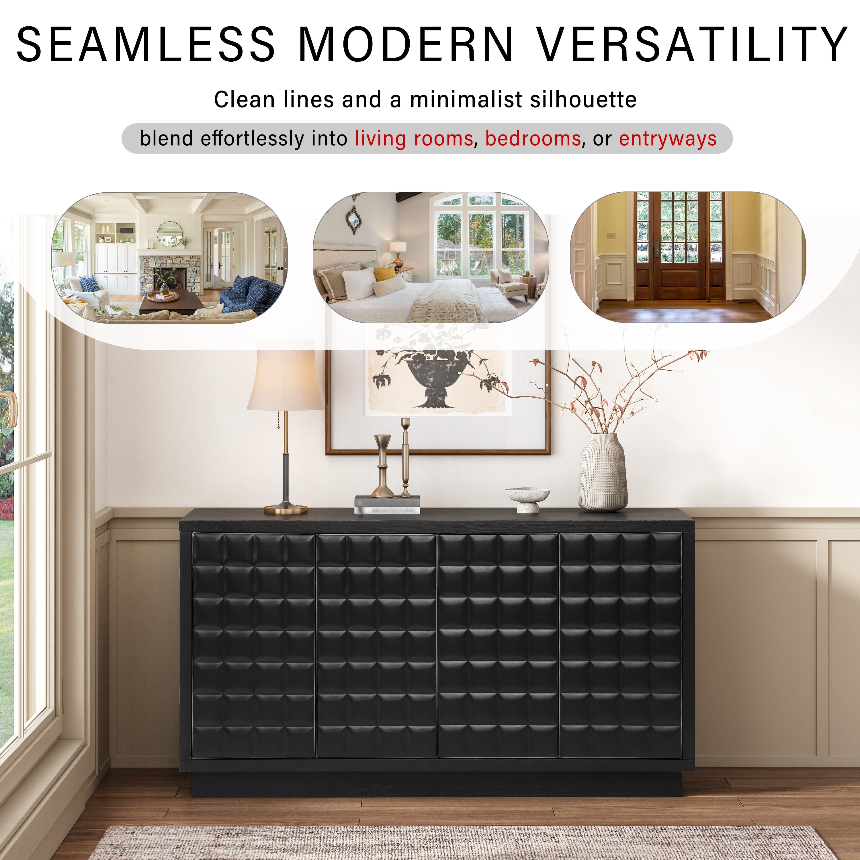 4-Door Storage Cabinet styled in various rooms, emphasizing its seamless modern versatility for living rooms and entryways.
