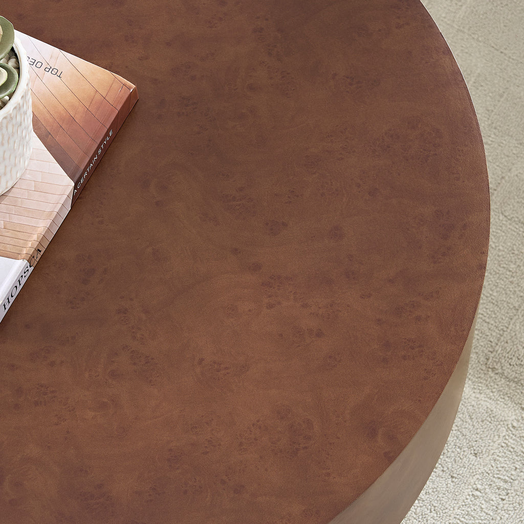 Close-up of Faux Burl Coffee Table top with decor, highlighting the smooth walnut finish and natural wood grain look.