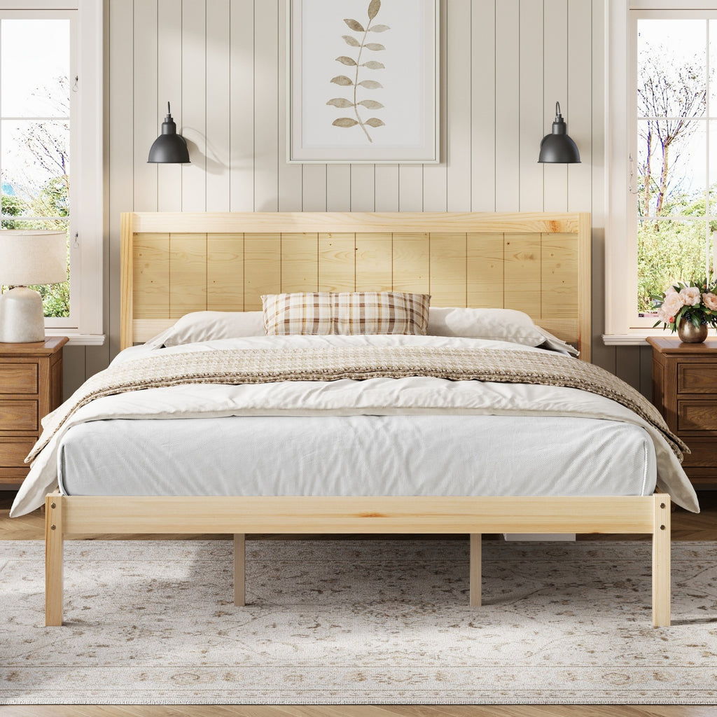 King Size Natural Pine Wood Platform Bed Frame with Headboard