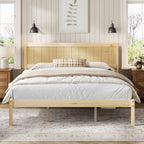 King Size Natural Pine Wood Platform Bed Frame with Headboard