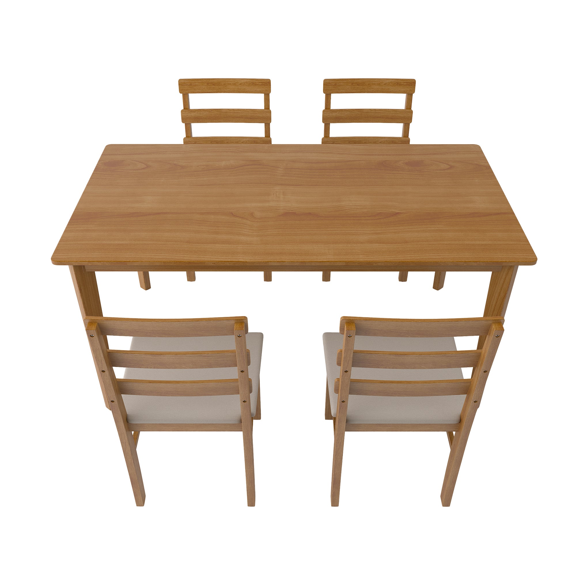 Top view of Solid Wood Dining Table Set with 4 ergonomic chairs, showcasing durable wood construction and spacious tabletop.