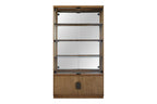 Eucalyptus display cabinet with glass doors and mirrored back, featuring solid wood frame and lower storage compartment.
