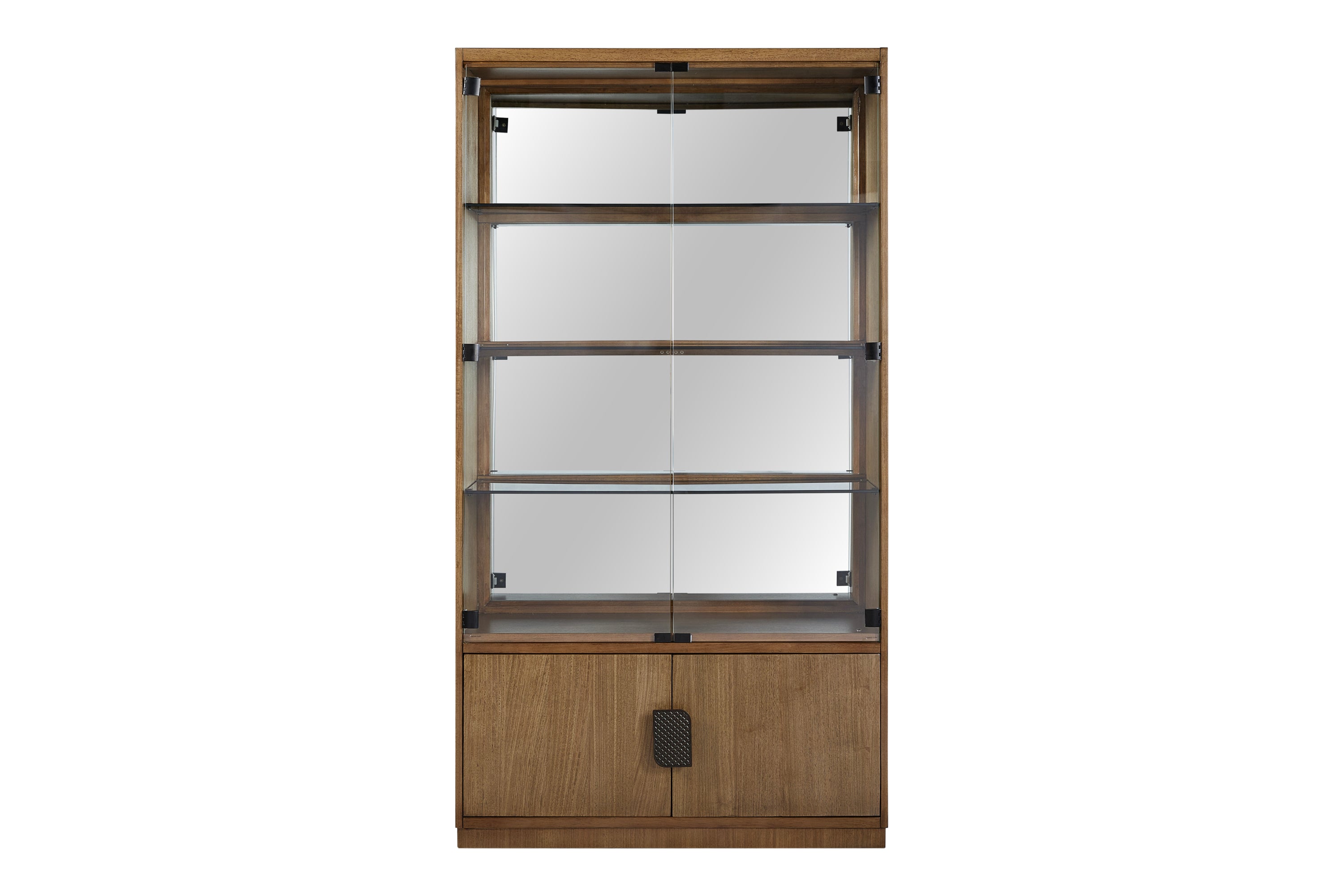 Eucalyptus display cabinet with glass doors and mirrored back, featuring solid wood frame and lower storage compartment.