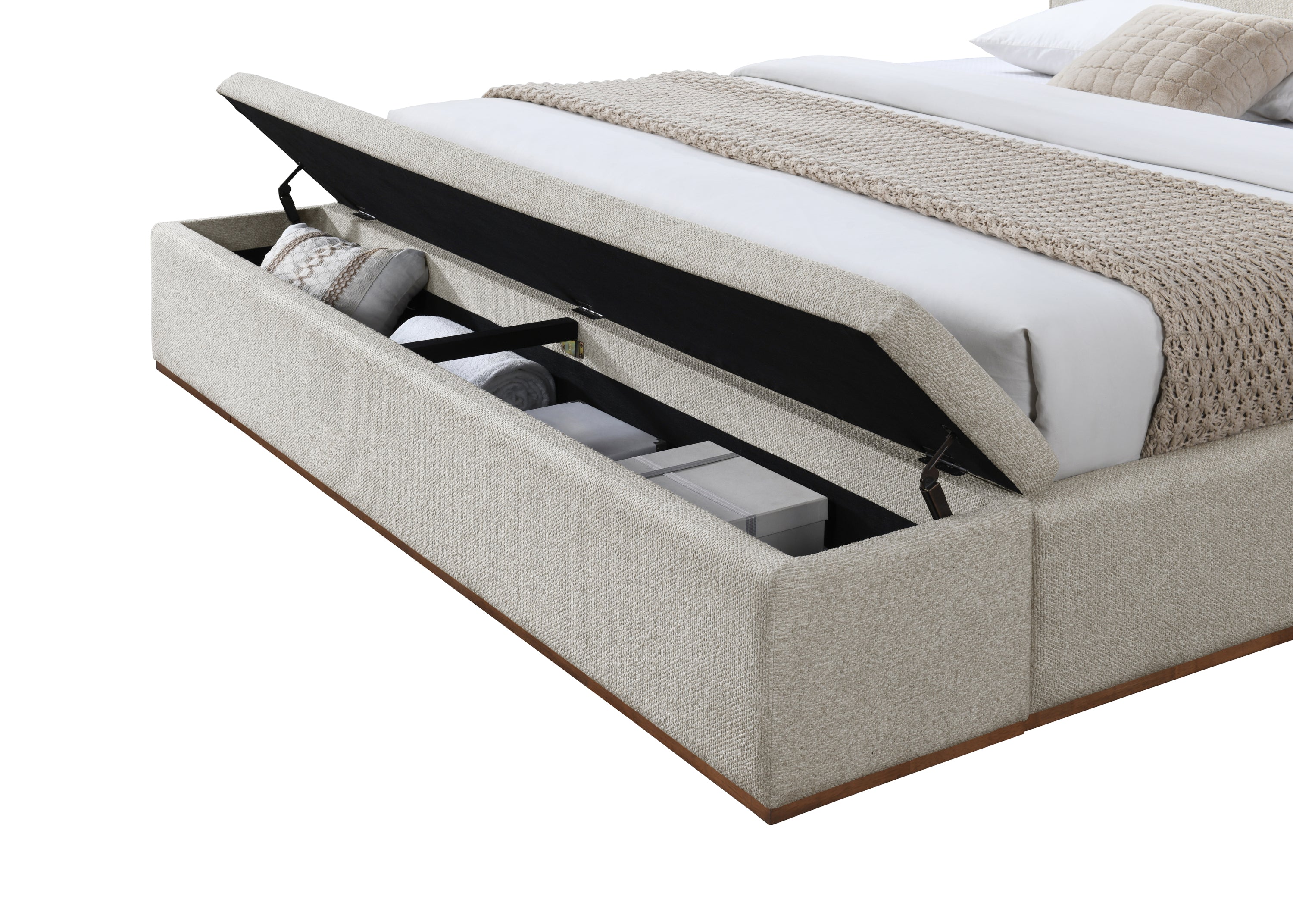 Beige Linen Queen Bed with Storage - Boxter model showing open footboard compartment with organized bedding and boxes.