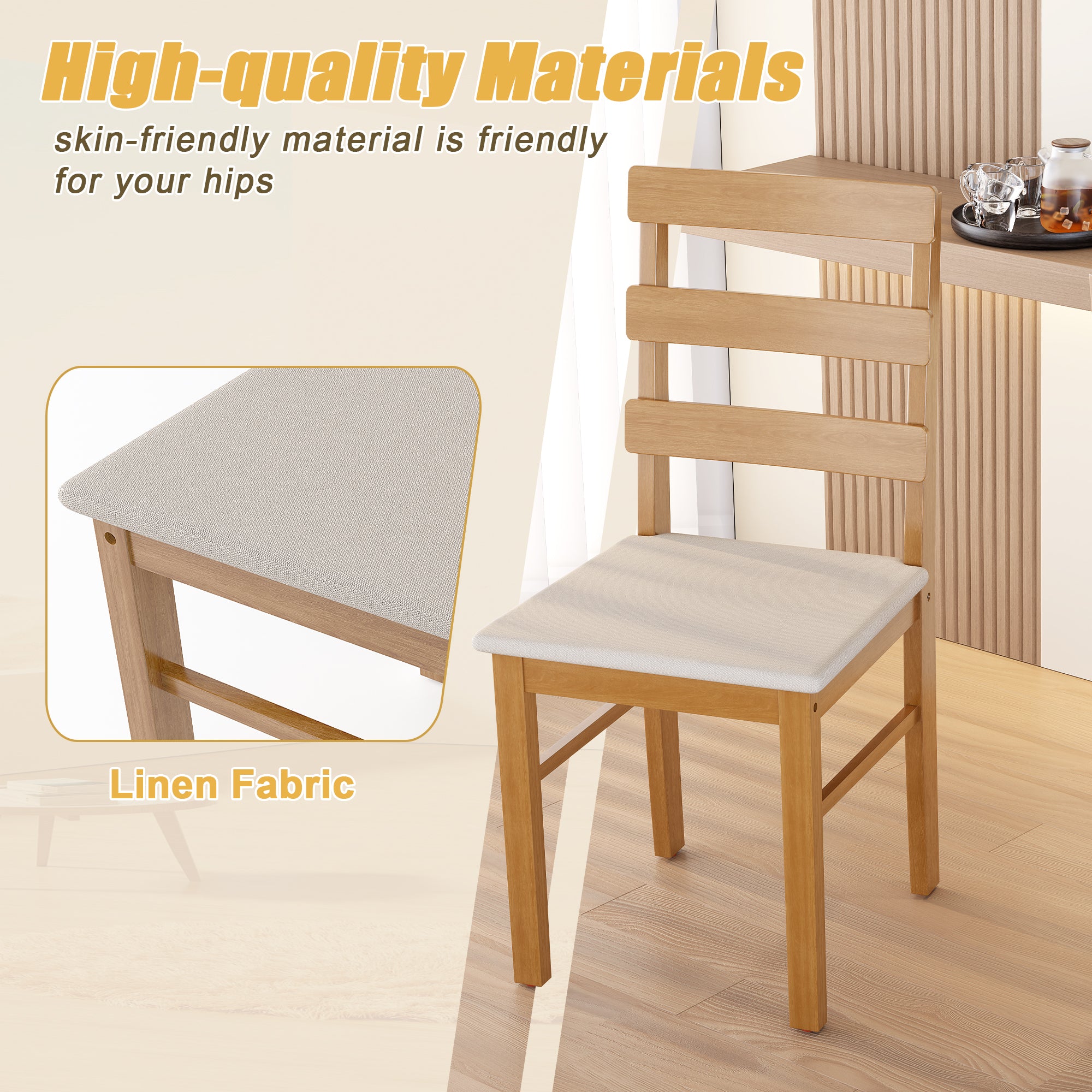 High-quality solid wood dining chair with linen fabric seat. Skin-friendly material offers comfort and durability for everyday use.