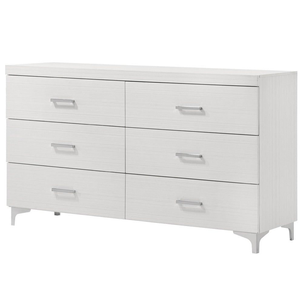 Modern 6-drawer white dresser with sleek chrome handles and minimalist design, perfect for contemporary interiors.