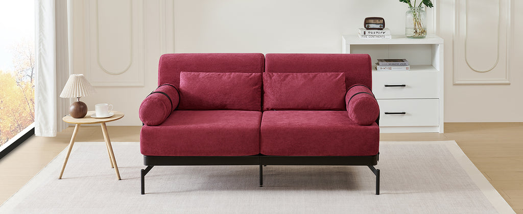 Modern Loveseat Sofa 59' Sofa Couch 2-Seater with USB Ports, Unique Cylindrical Armrests, Red Chenille