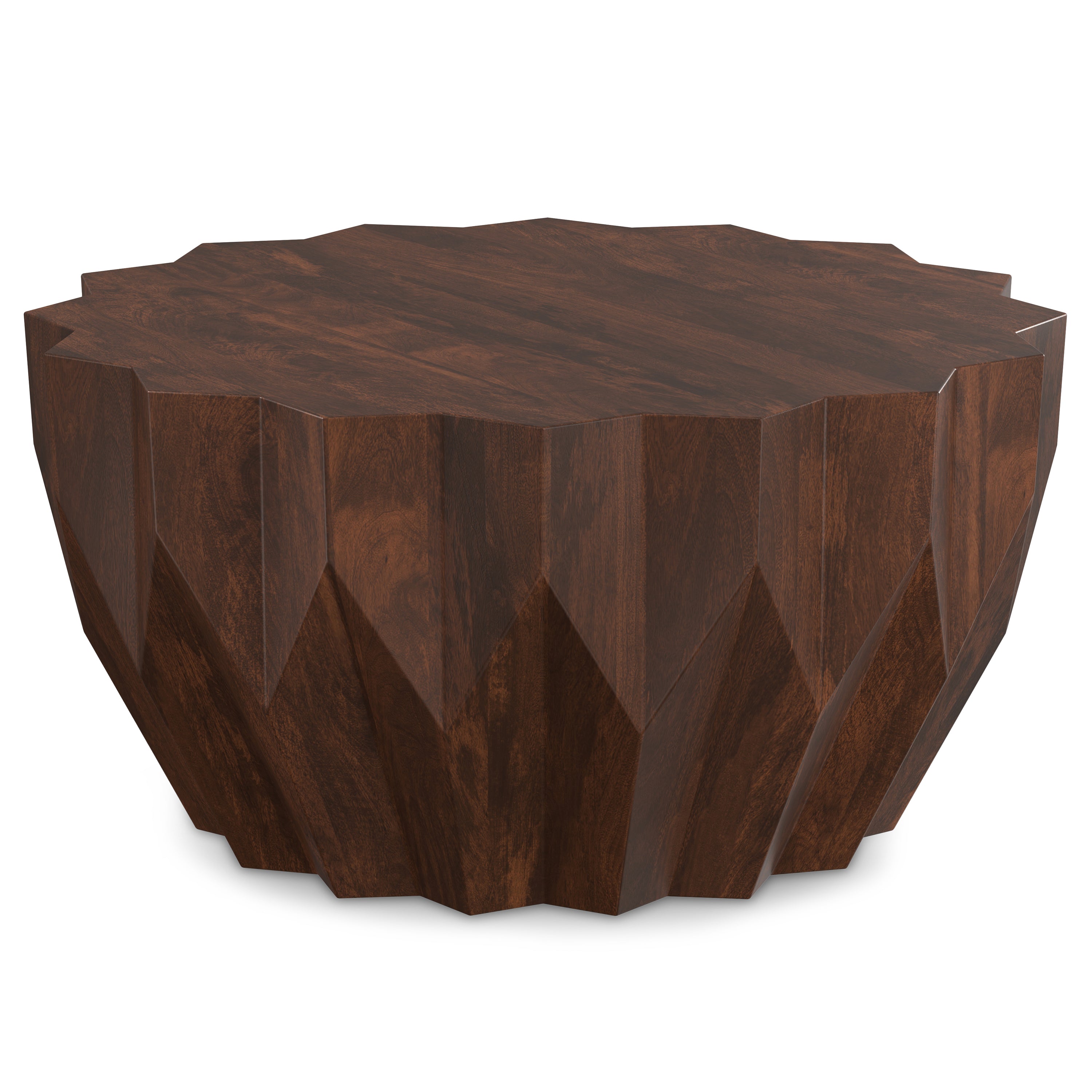 Turnbull Walnut Coffee Table featuring sculpted geometric base and rich mango wood finish, round and fully assembled.