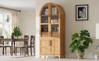 Kitchen pantry cabinet with arched top and glass doors, ideal for dining room storage and organization. Features 4 doors and adjustable shelves.