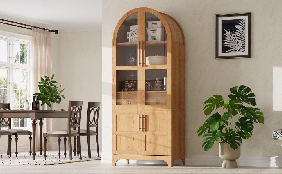 Kitchen pantry cabinet with arched top and glass doors, ideal for dining room storage and organization. Features 4 doors and adjustable shelves.