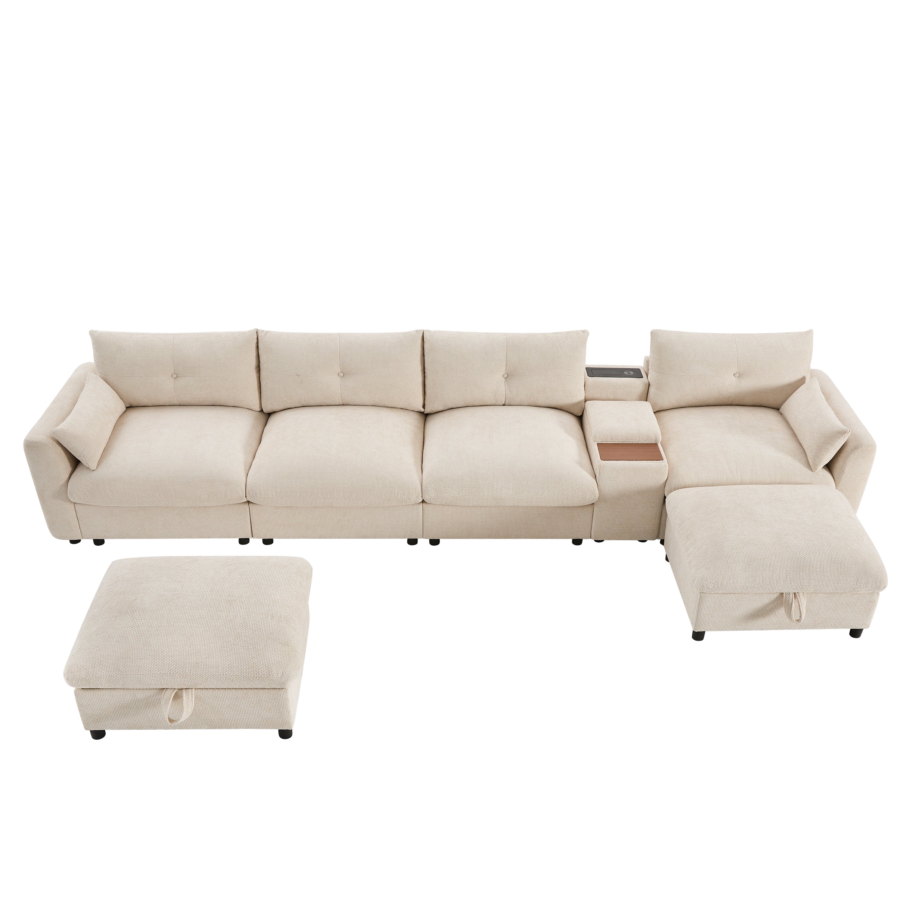 Top view of modular sectional sofa with separated ottoman and console, showcasing flexible configuration and storage.