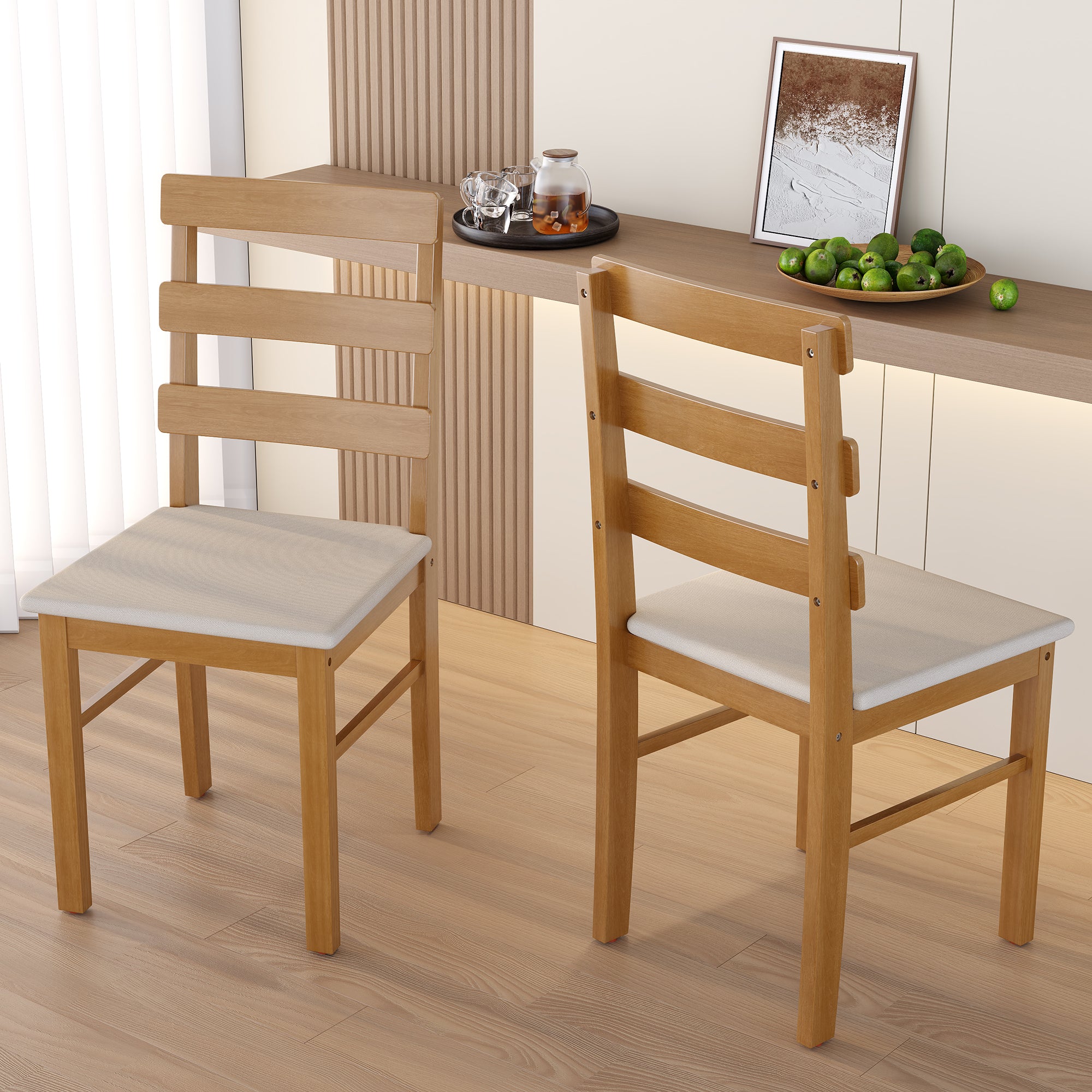 Pair of solid wood dining chairs with cushioned seats in a modern kitchen. Features ergonomic backrest and sturdy build.