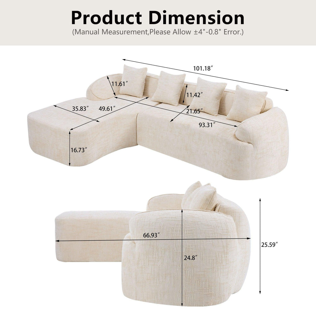 Comfortable Beige Chenille L-Shaped Sofa with Pillows.