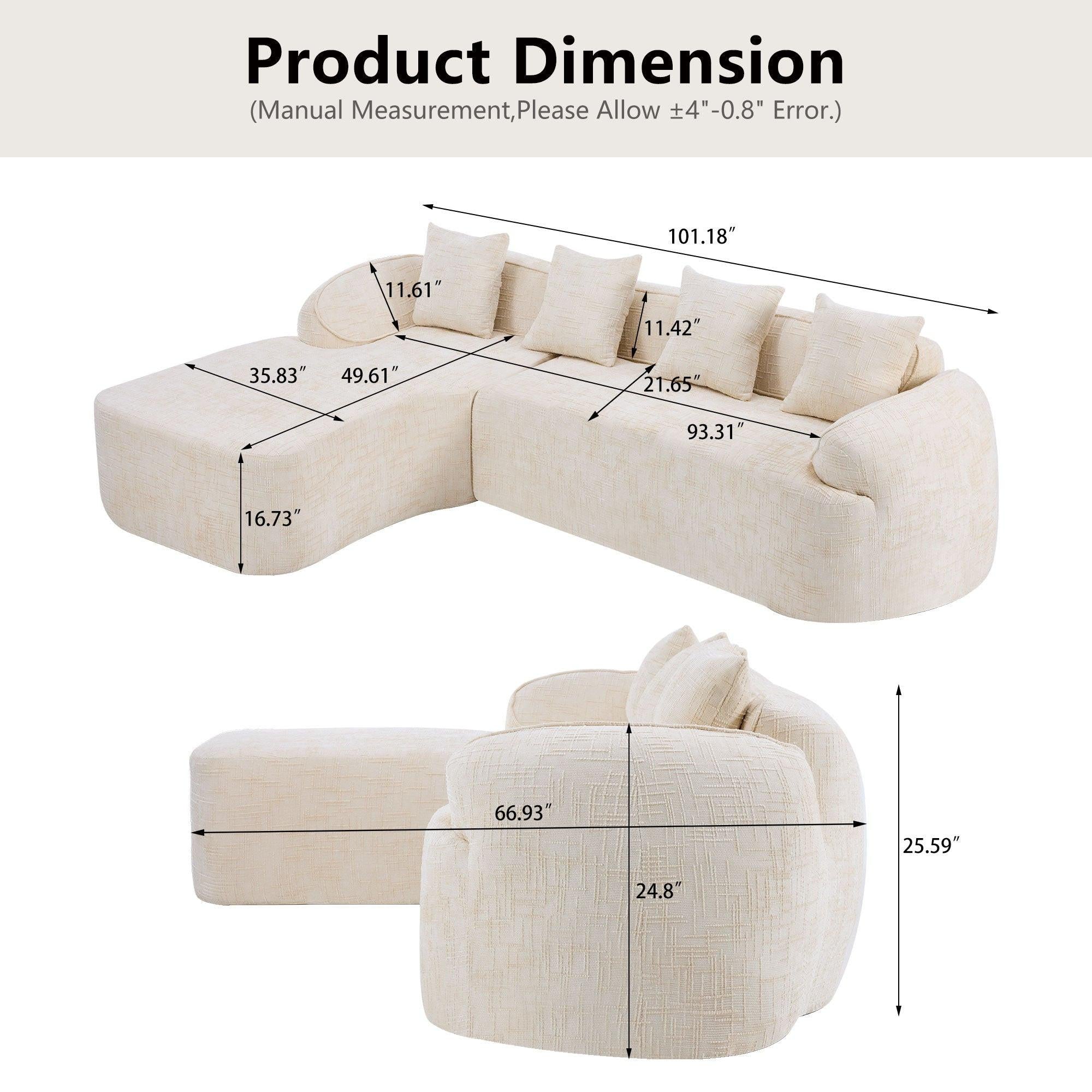 Comfortable Beige Chenille L-Shaped Sofa with Pillows.