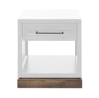 Front view of Nora End Table 22 inch in Jasmine White with drawer and shelf, featuring poplar wood and knotty alder base.