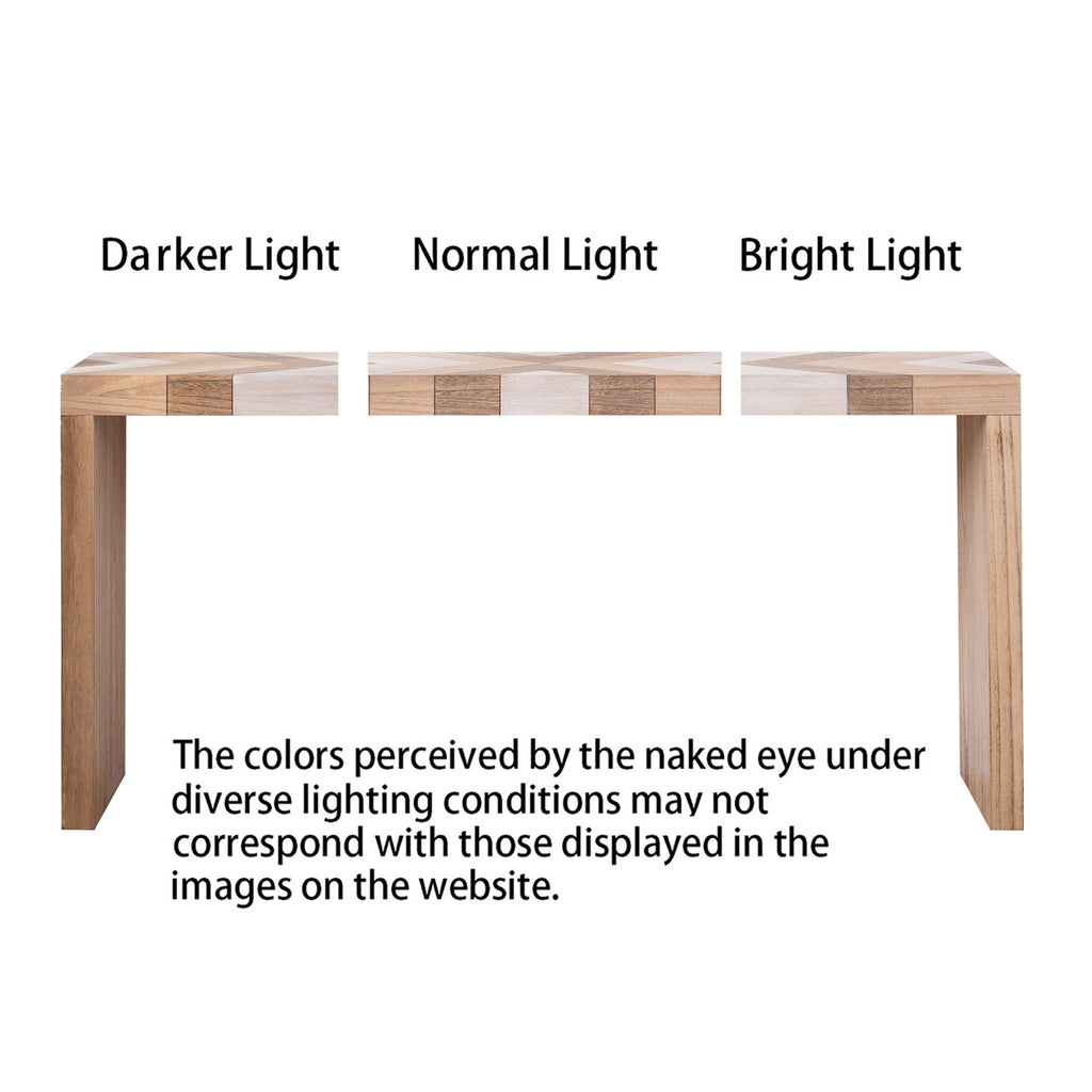 Lighting comparison on modern console table with chevron pattern, showing color variation under different light conditions.